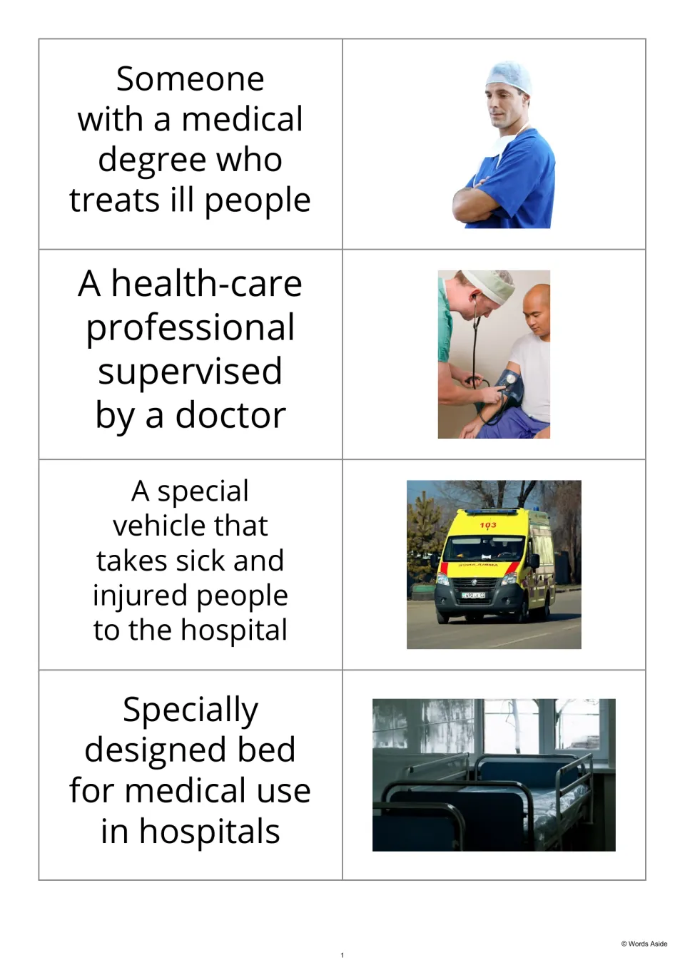 Hospital definition-first flashcards 1–4 pair descriptions of a doctor, nurse, ambulance, and bed with photos.