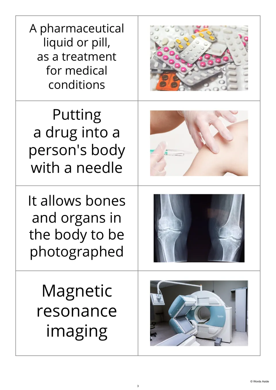Hospital definition-first flashcards 9–12 pair medicine, injection, X-ray, and MRI descriptions with photos.