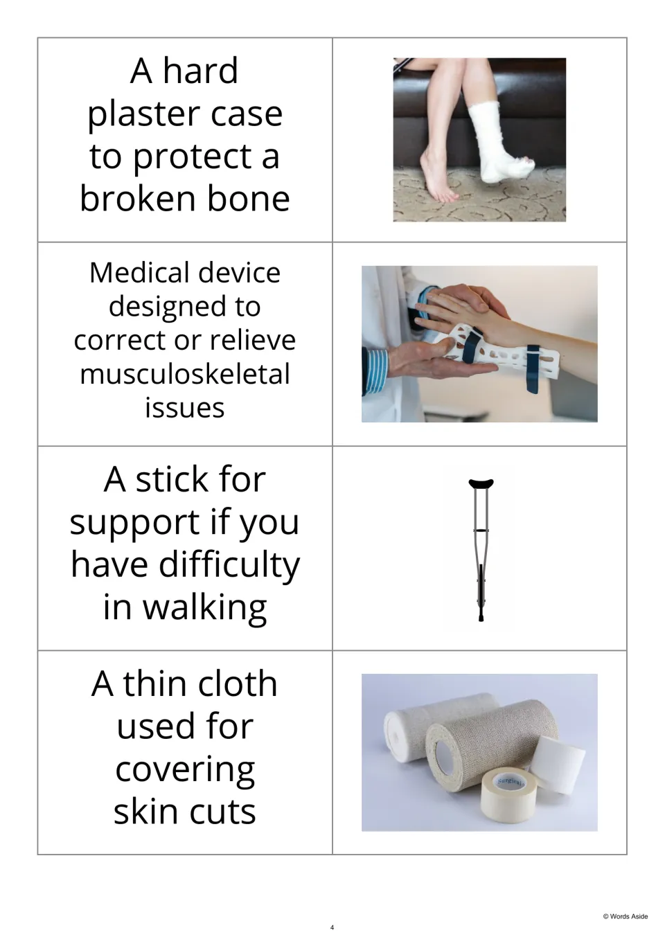 Hospital definition-first flashcards 13–16 pair cast, brace, crutch, and bandage descriptions with photos.