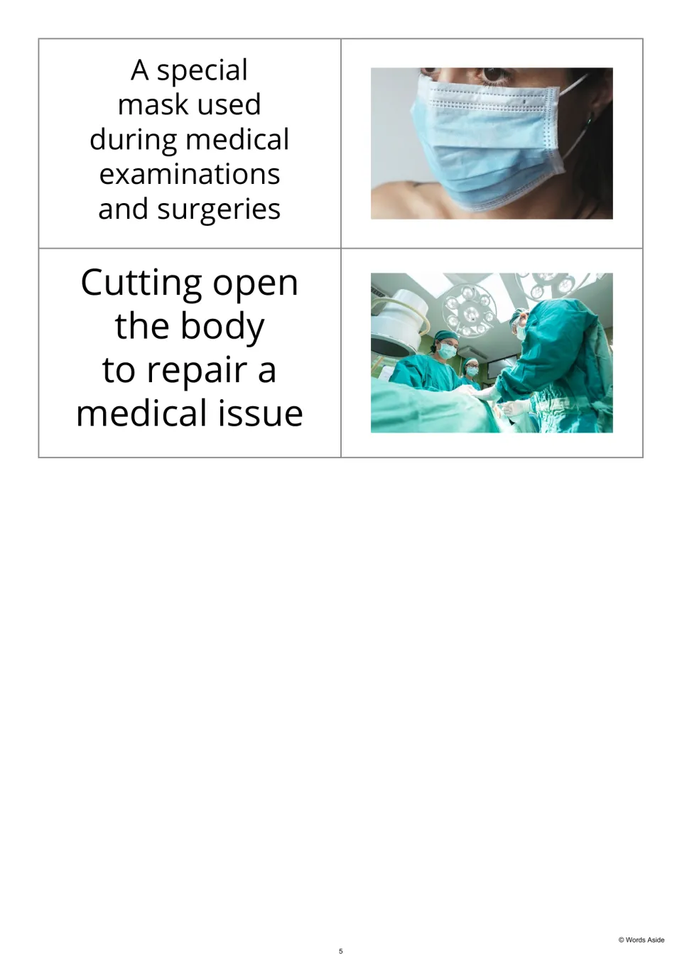 Hospital definition-first flashcards 17–18 pair surgical mask and surgery descriptions with photographs.