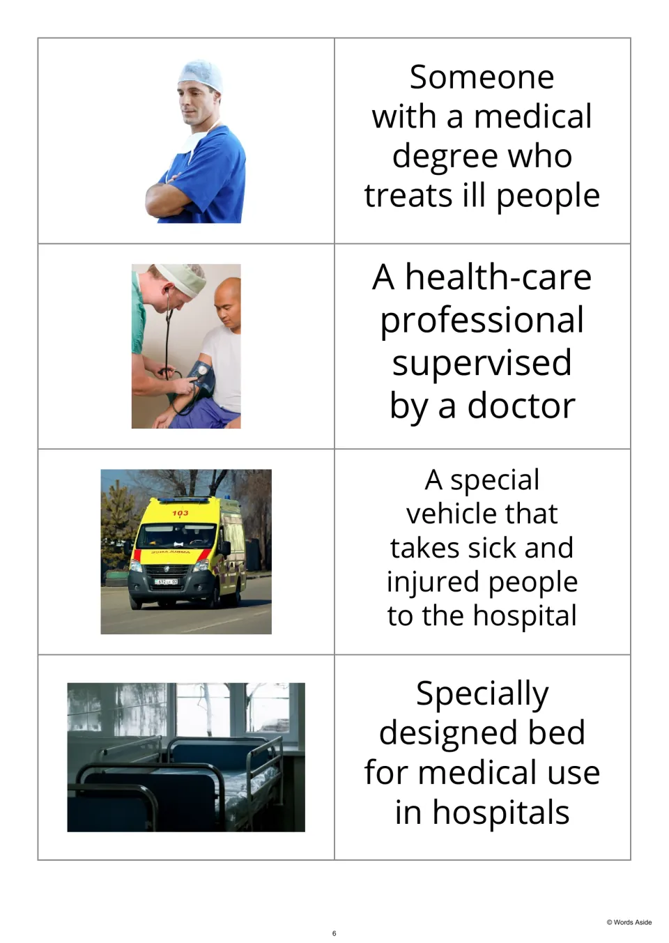 Hospital photo-first flashcards 1–4 show a doctor, nurse, ambulance, and hospital bed beside definitions.