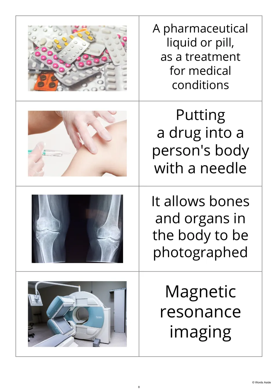 Hospital photo-first flashcards 9–12 pair medical photographs with medicine, injection, X-ray, and MRI text.
