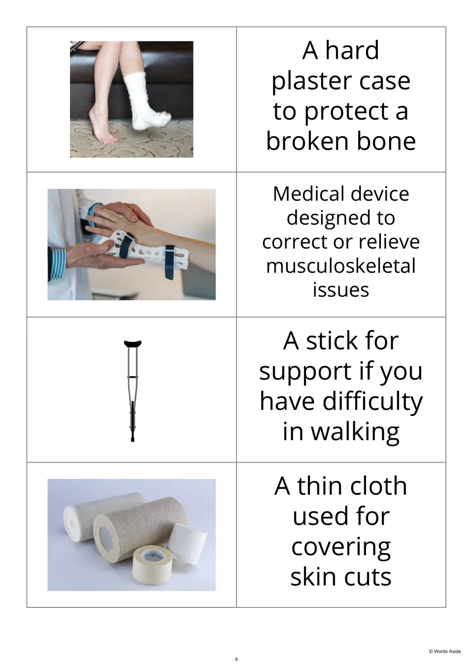 Hospital photo-first flashcards 13–16 show a cast, wrist brace, crutch, and bandages beside definitions.