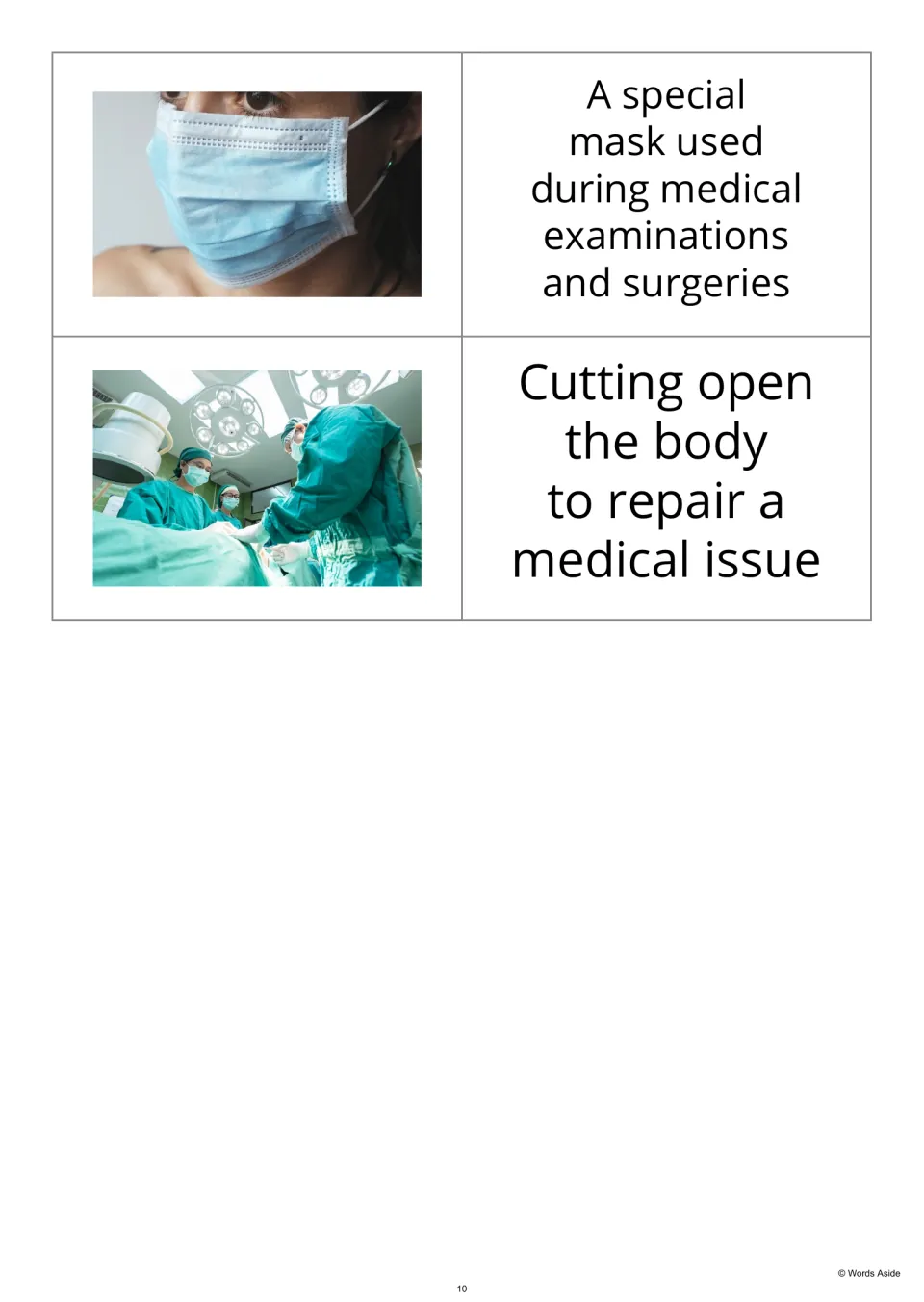Hospital photo-first flashcards 17–18 show a surgical mask and an operating team beside their definitions.