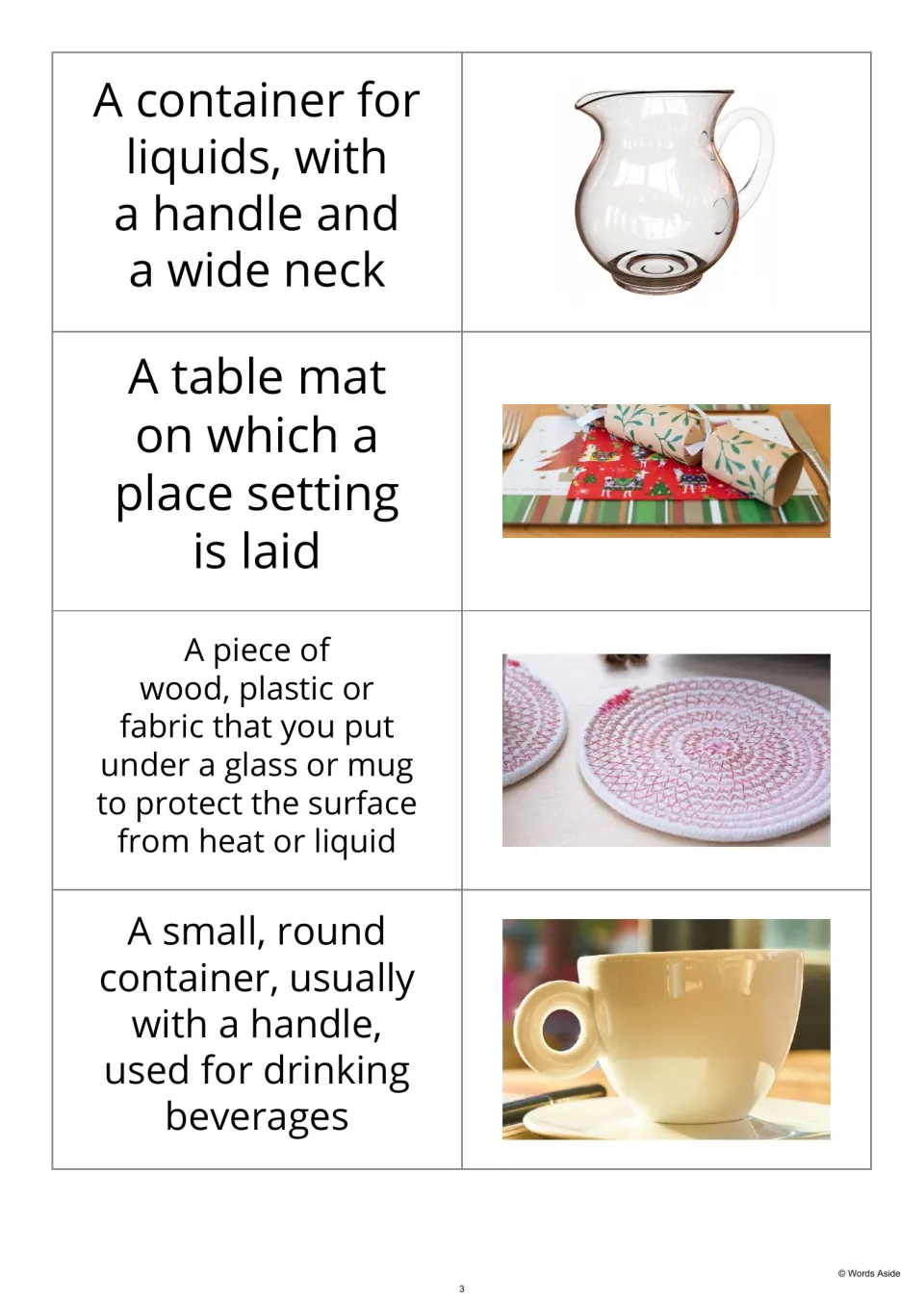 Kitchen vocabulary cards 9–12 pair definitions with pictures of a jug, placemat, coaster, and drinking cup.