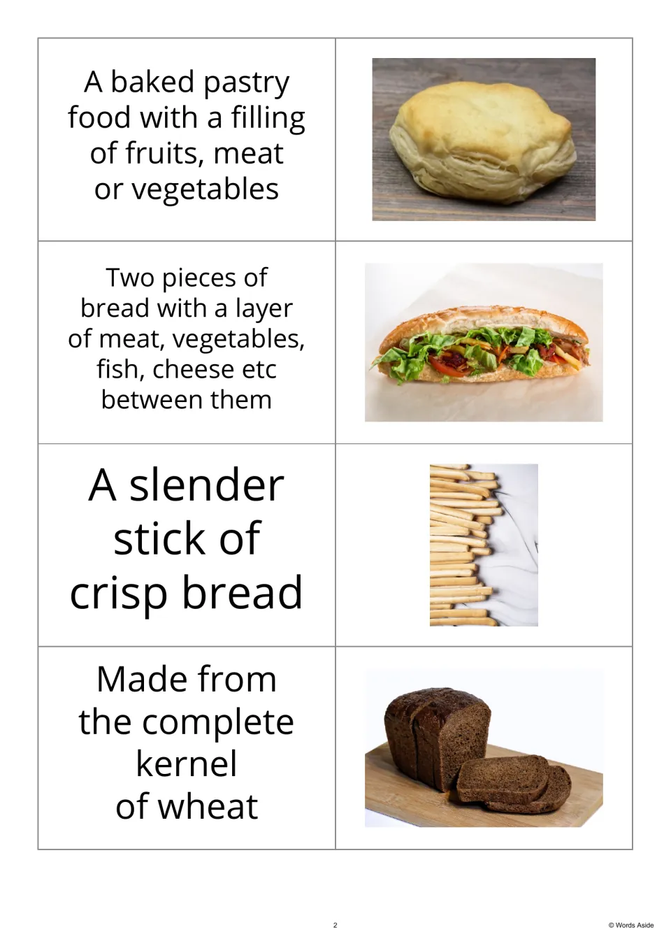 Bakery flashcards 5–8 pair definitions of pie, sandwich, breadstick, and whole wheat with photographs.