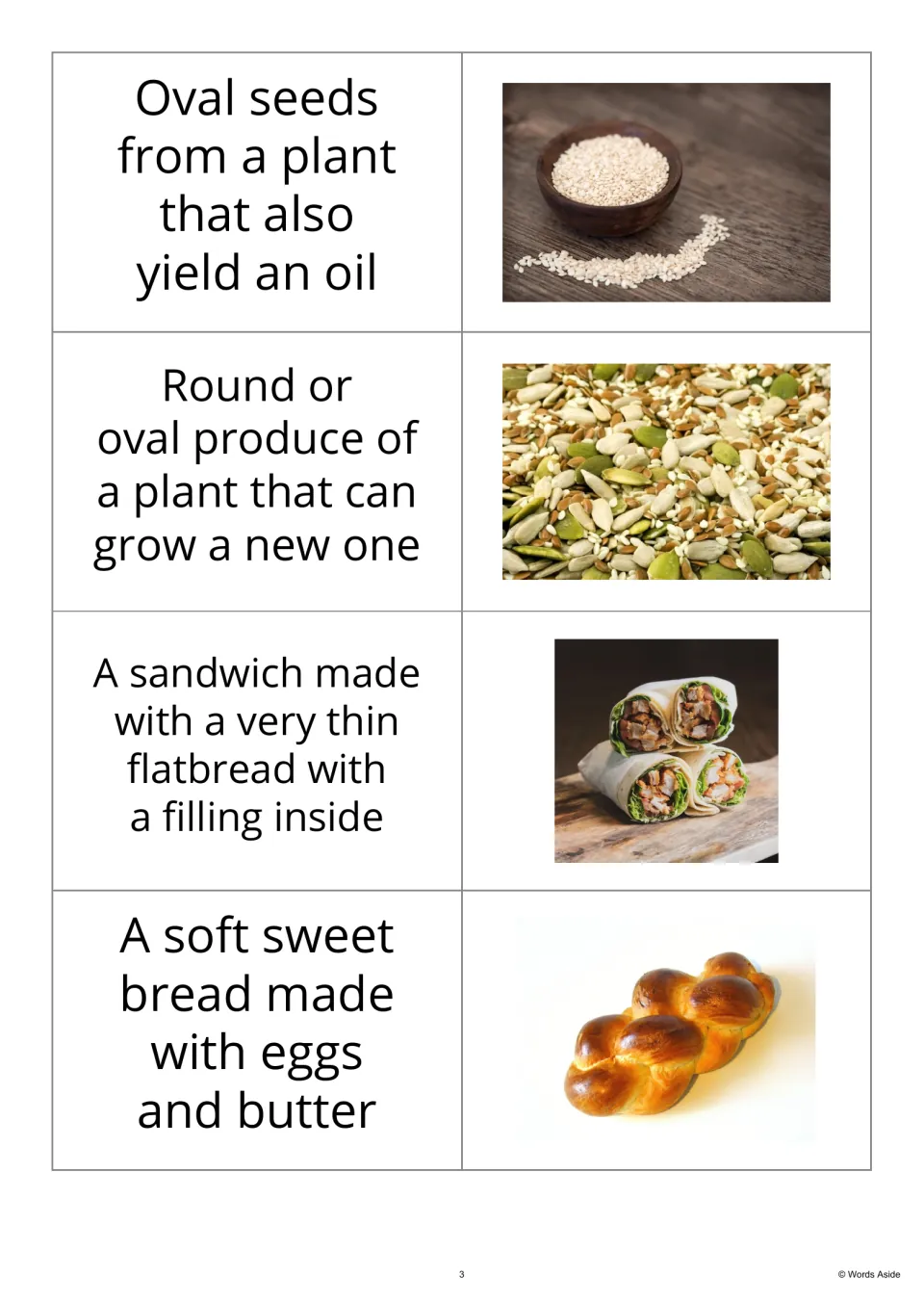 Bakery flashcards 9–12 pair definitions of sesame seeds, seeds, wraps, and sweet egg-and-butter bread with photos.