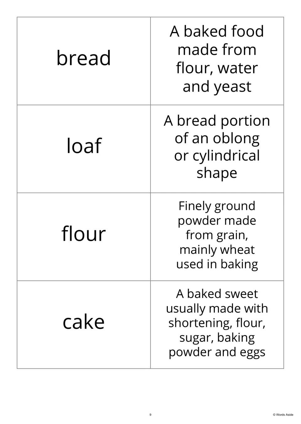 Bakery word-and-definition cards 1–4 pair the printed words bread, loaf, flour, and cake with their meanings.