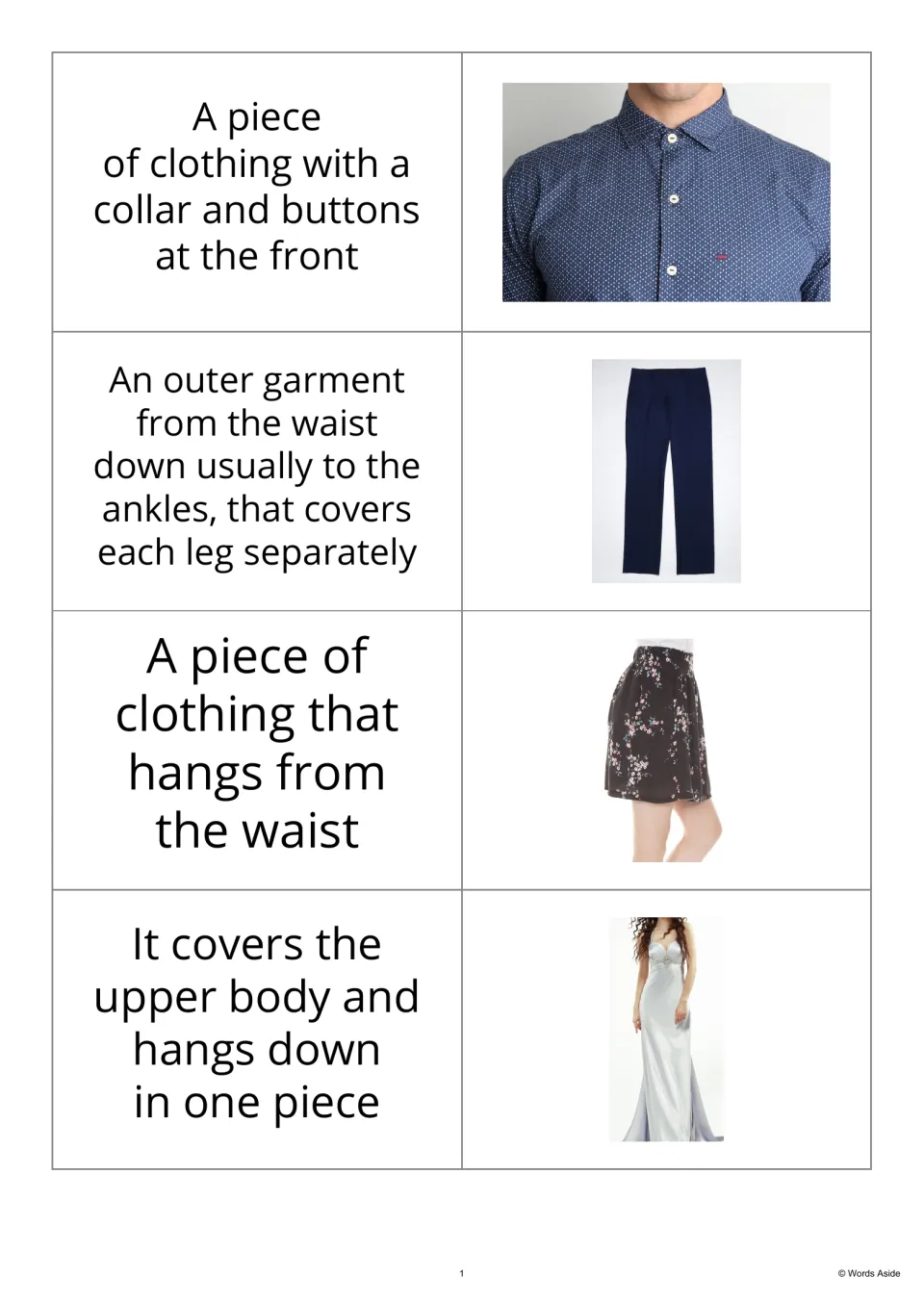 Clothing definition-and-photo cards 1–4 show a shirt, pants, skirt and dress beside their definitions.