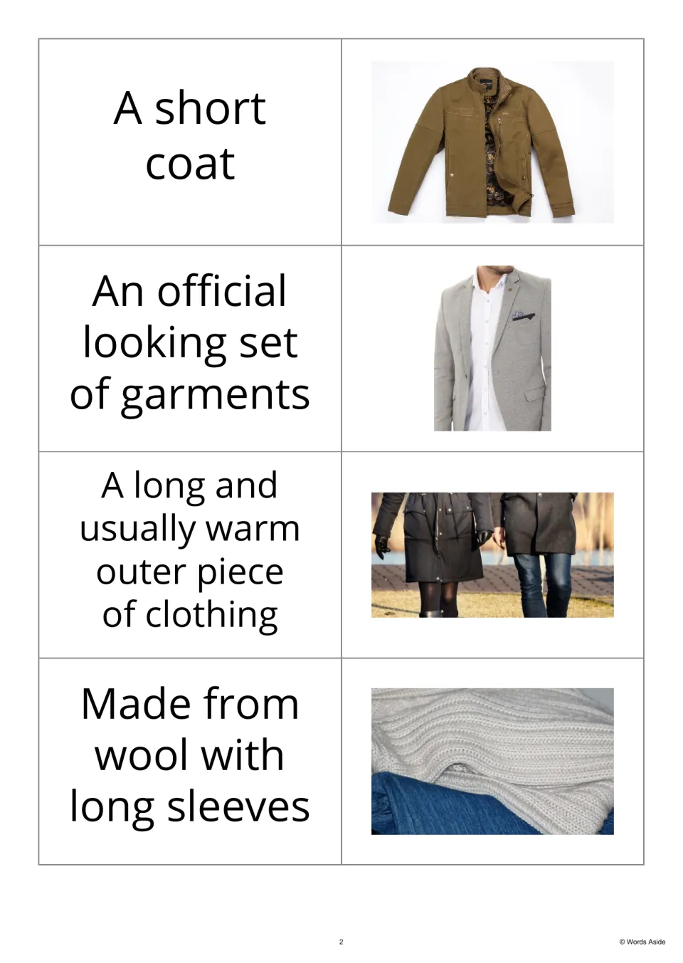 Clothing definition-and-photo cards 5–8 show a jacket, suit, coat and sweater beside their definitions.