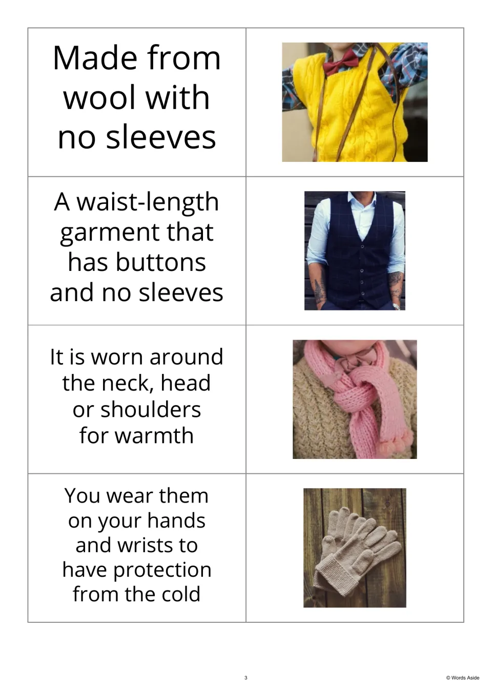Clothing definition-and-photo cards 9–12 pair descriptions with a sweater vest, buttoned vest, scarf and gloves.