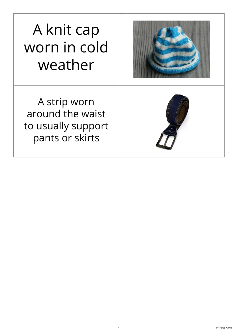 Clothing definition-and-photo cards 13–14 show a knit cap for cold weather and a belt worn around the waist.