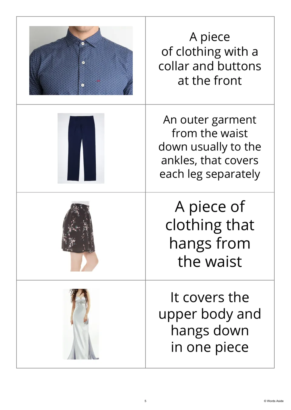 Clothing photo-and-definition cards 1–4 present photos of a shirt, pants, skirt and dress before definitions.