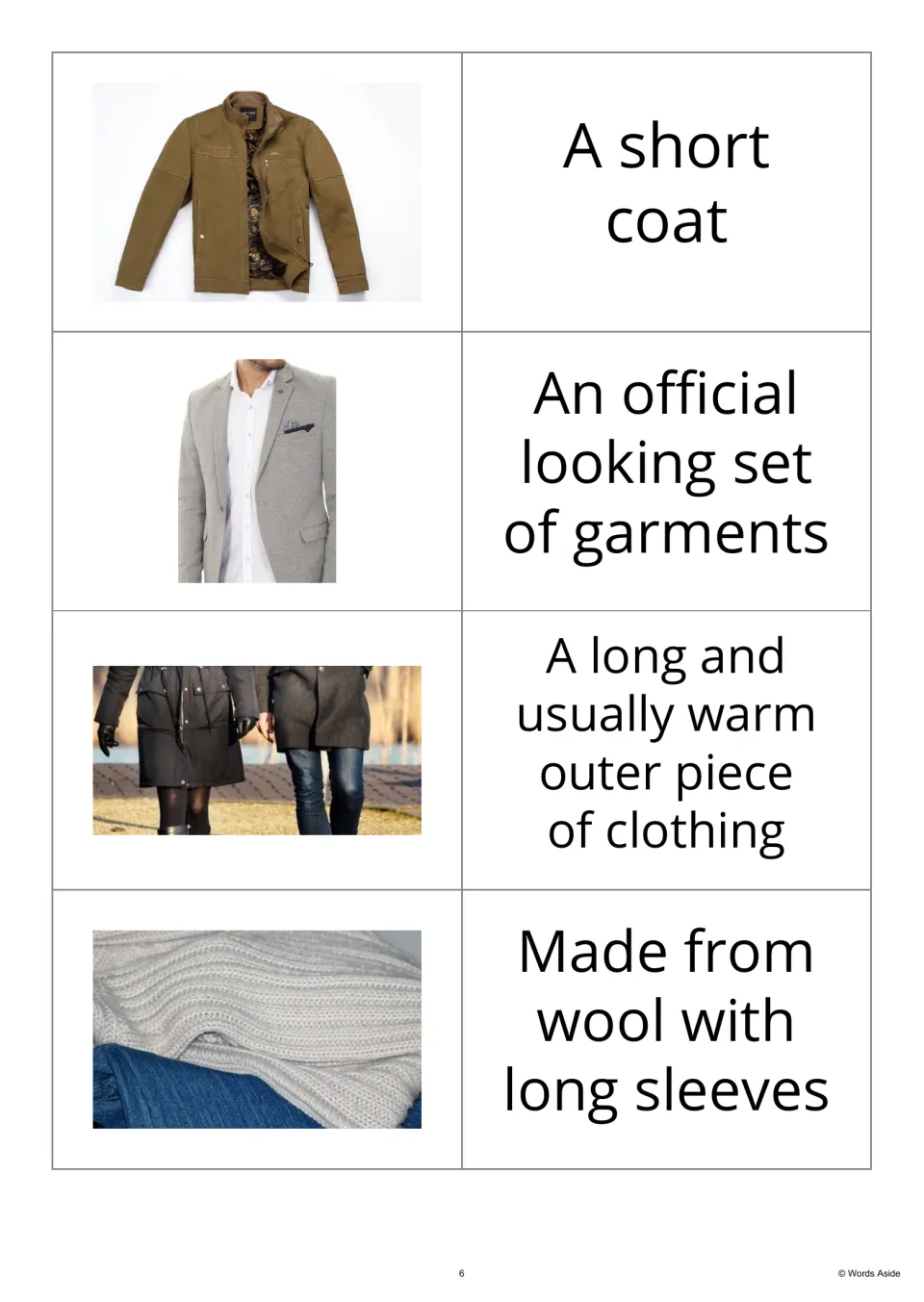Clothing photo-and-definition cards 5–8 present a jacket, suit, coat and sweater before their definitions.