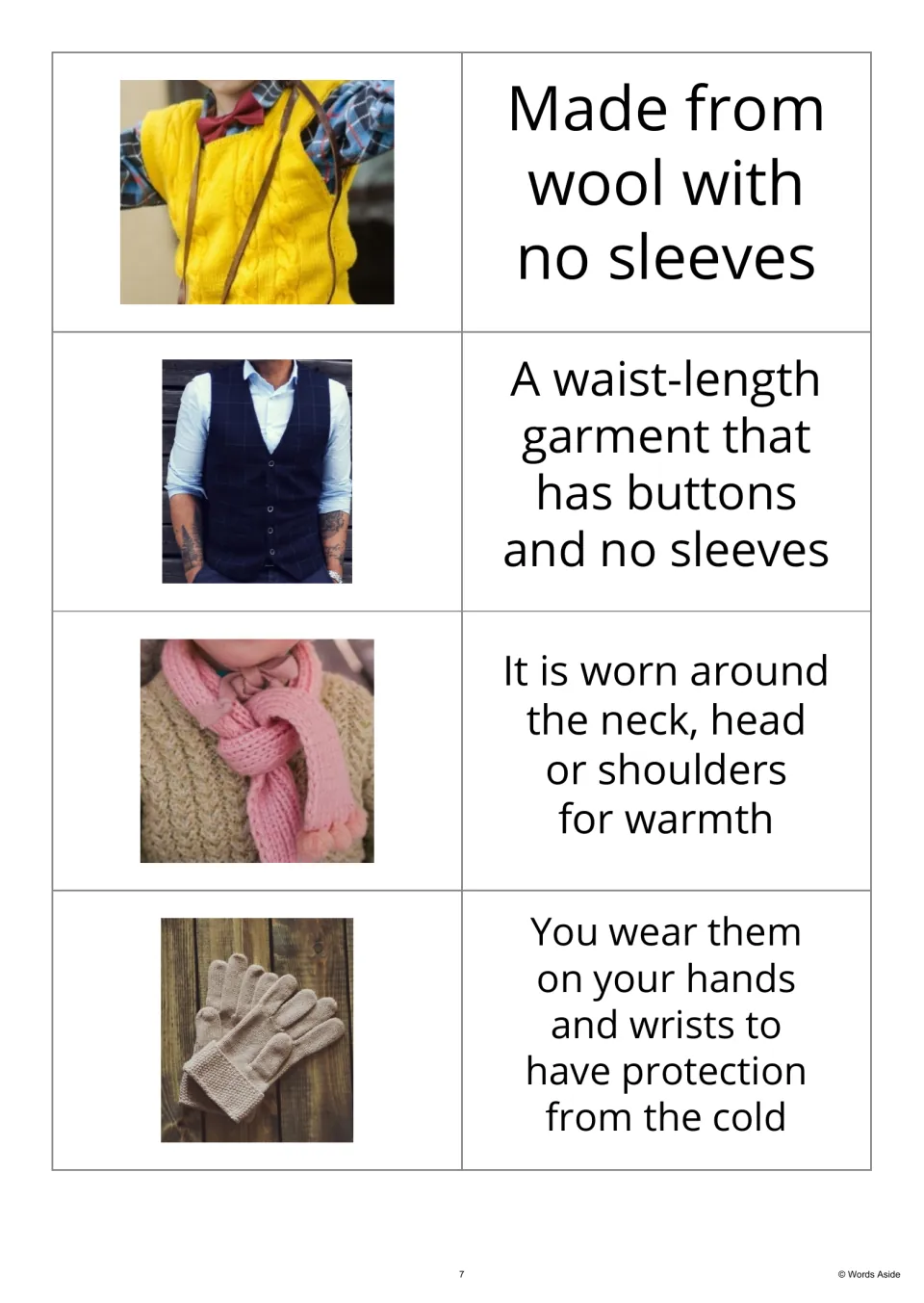 Clothing photo-and-definition cards 9–12 show a sweater vest, buttoned vest, scarf and gloves with descriptions.