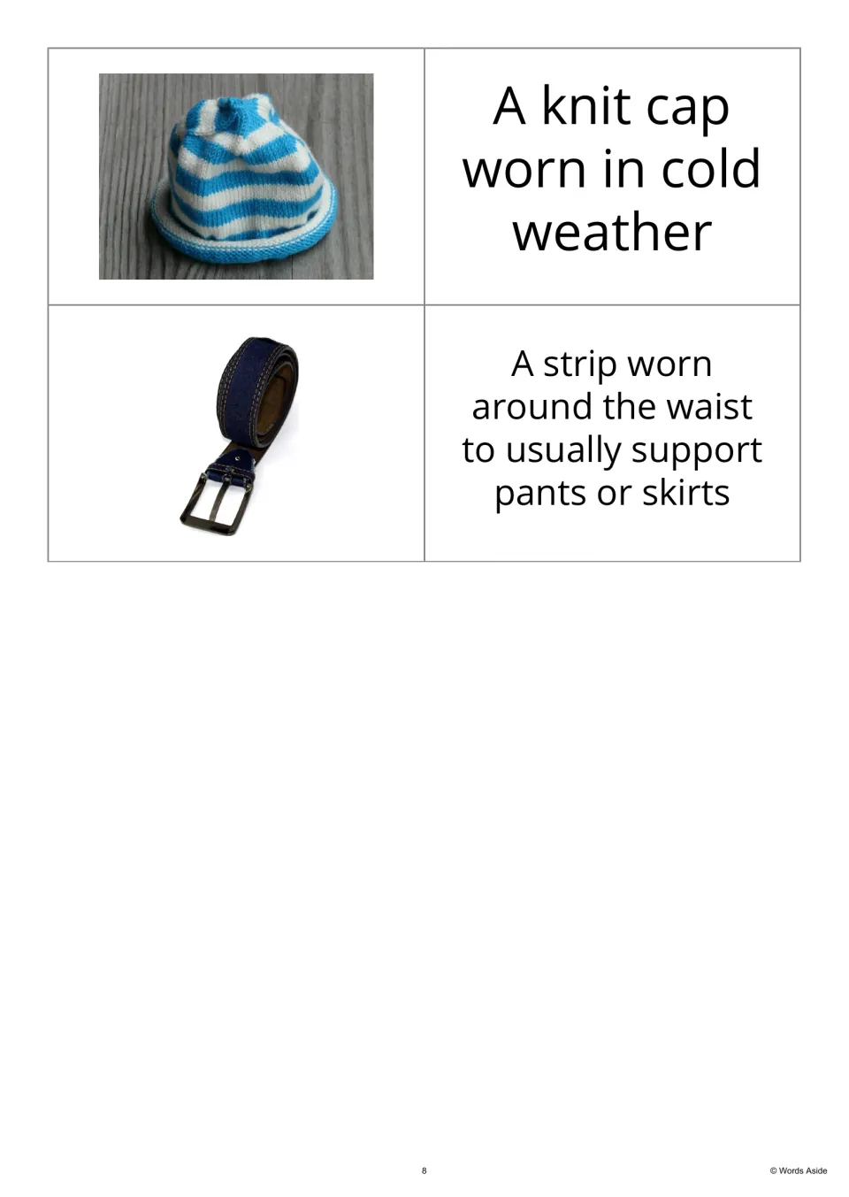 Clothing photo-and-definition cards 13–14 present a knit cap and belt before descriptions of their uses.