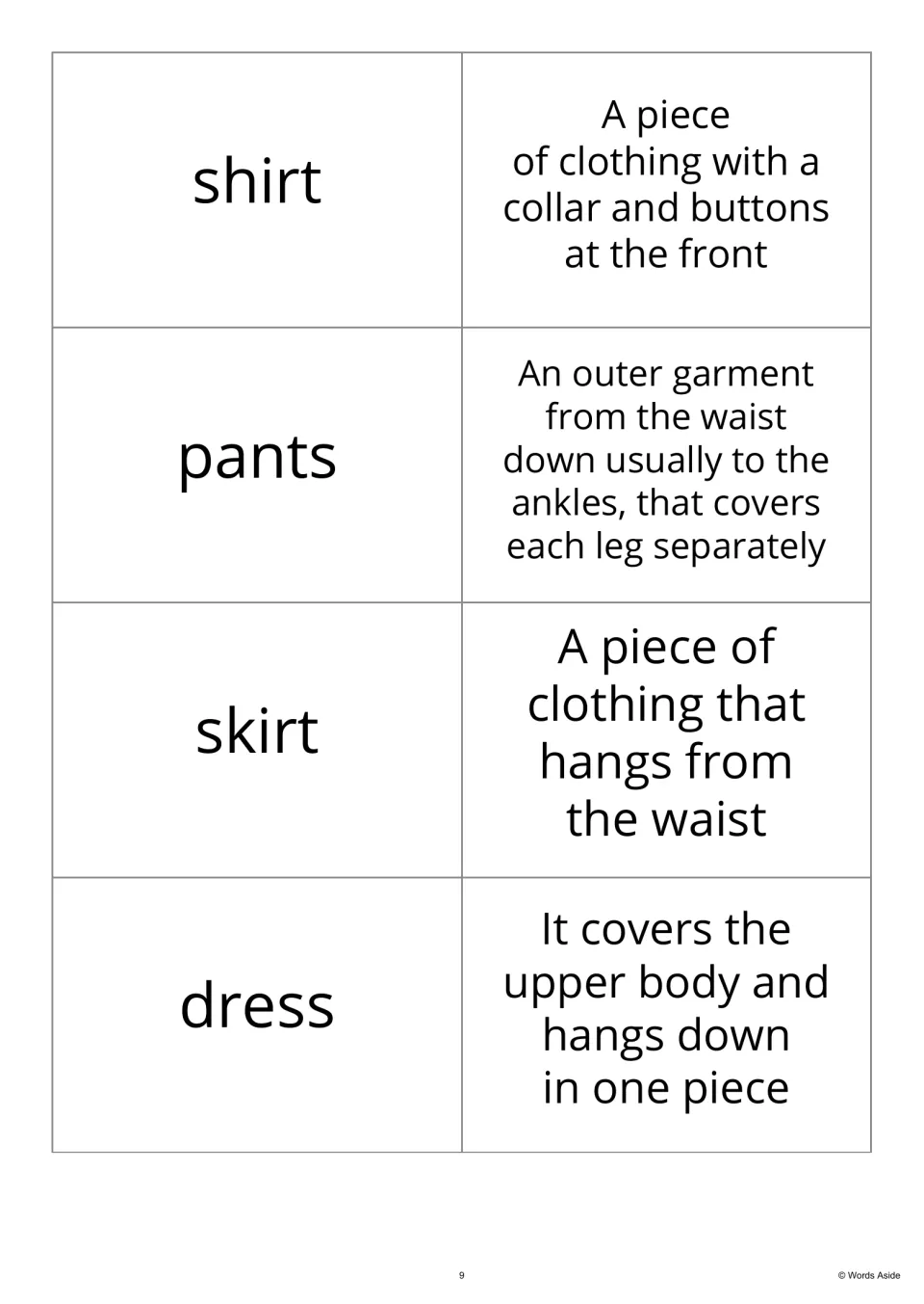 Clothing word-and-definition cards 1–4 pair shirt, pants, skirt and dress with descriptions of each garment.
