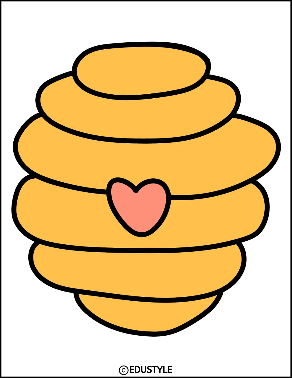 Beehive cutout: a full-page orange-yellow hive of stacked rounded layers with a pink heart near the middle