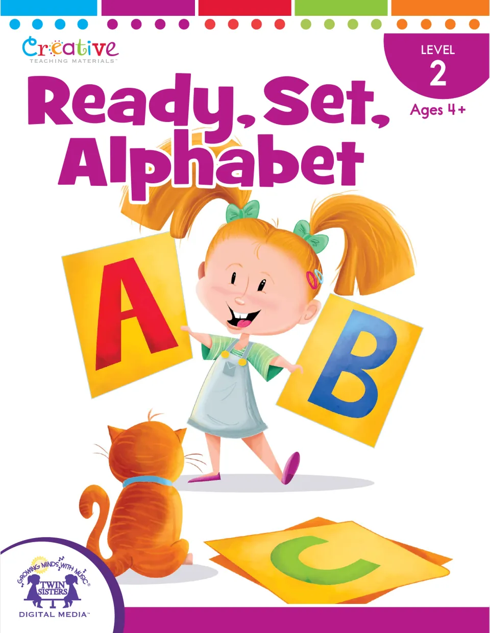 Ready, Set, Alphabet Level 2 cover for ages 4+, showing a girl with large A, B and C letter cards beside an orange cat