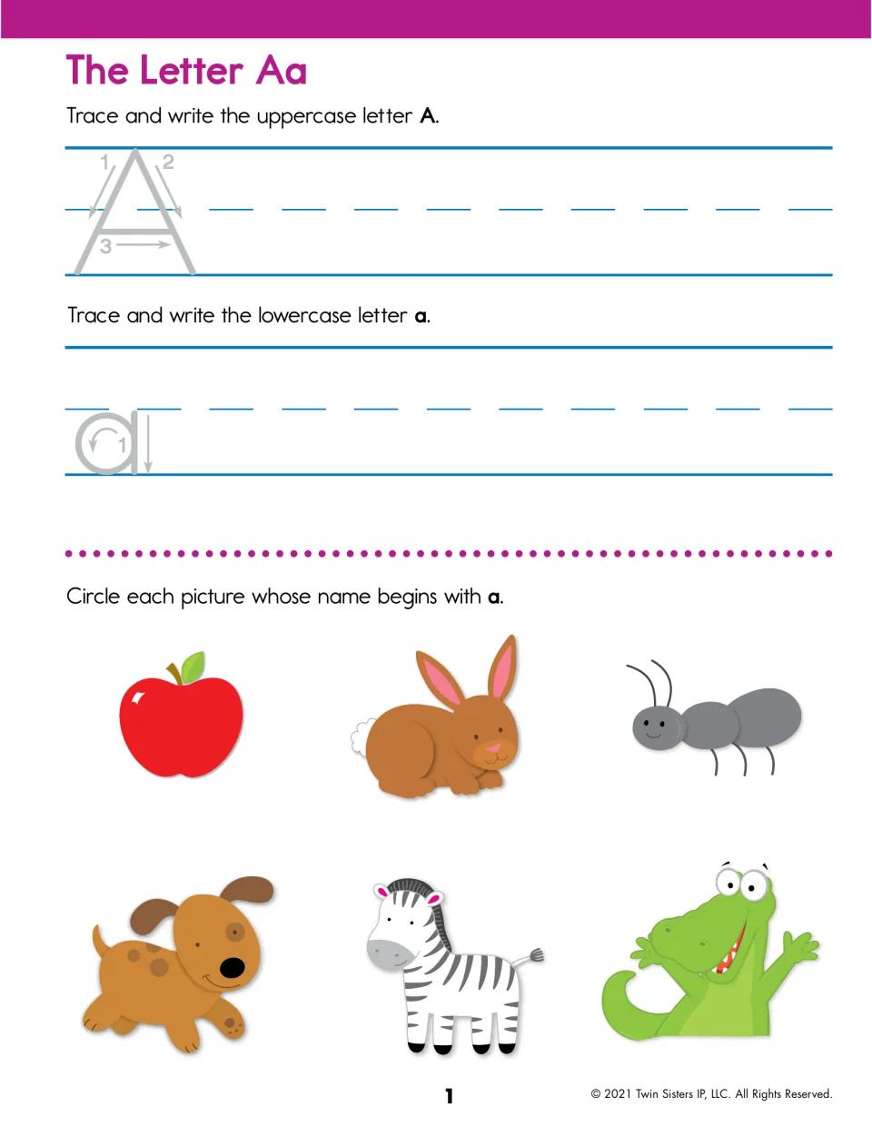 Letter Aa: students trace and write uppercase A and lowercase a, then circle a-pictures such as apple, ant and alligator
