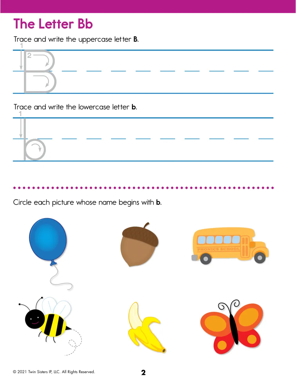 Letter Bb: trace and write B and b, then circle pictures that begin with b, like balloon, bus, bee, banana and butterfly