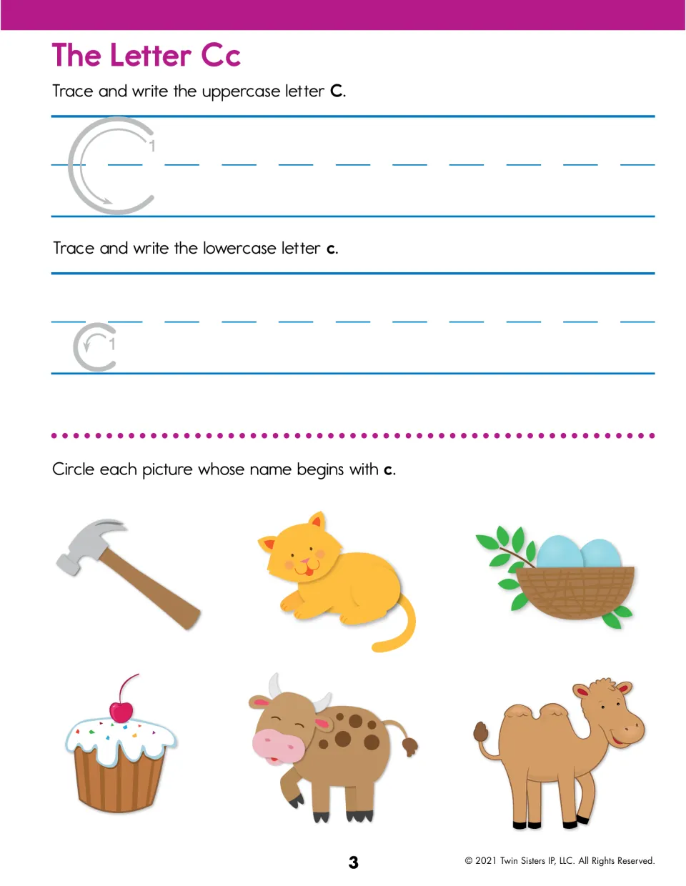 Letter Cc: children trace uppercase C and lowercase c, then find c-words among a hammer, cat, nest, cupcake, cow and camel