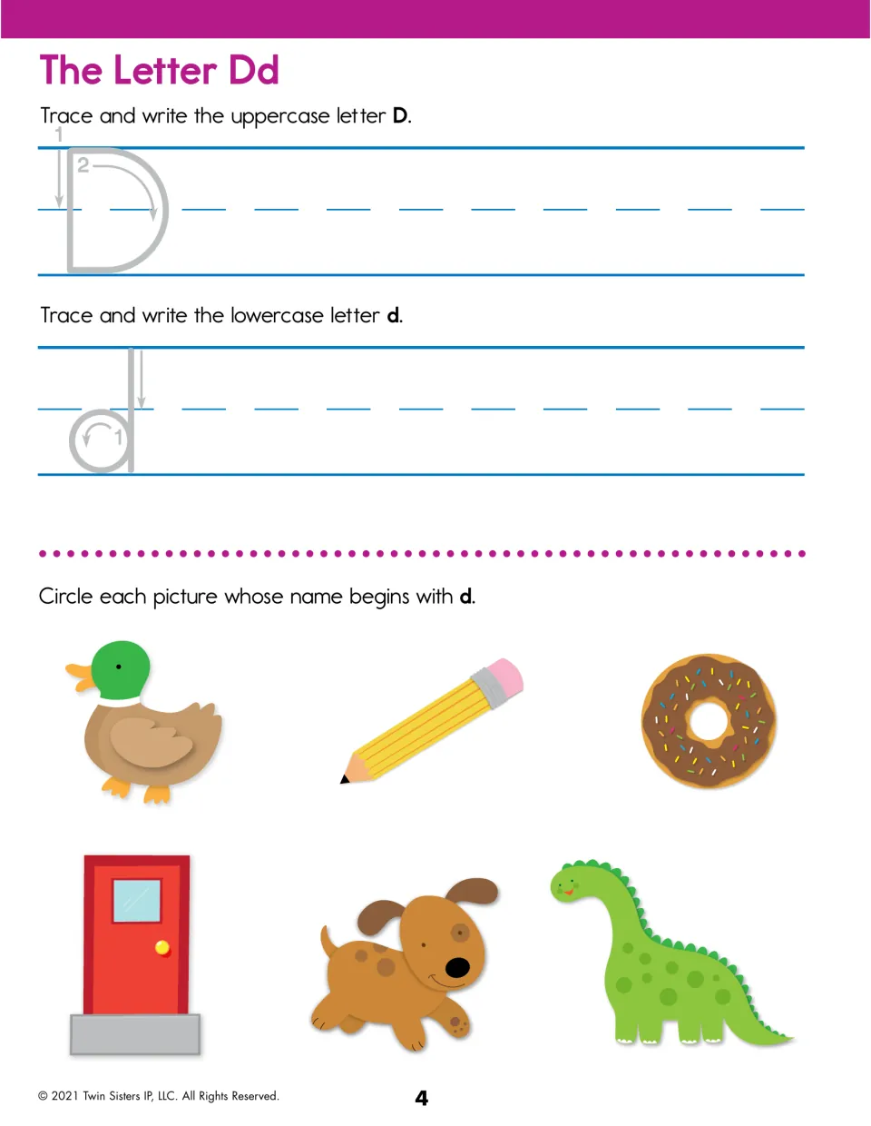 Letter Dd: numbered strokes guide tracing D and d; learners circle duck, donut, door, dog and dinosaur but not the pencil