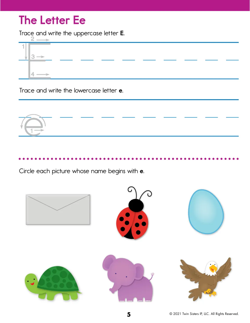 Letter Ee: practise writing E and e, then pick the e-pictures from an envelope, ladybug, egg, turtle, elephant and eagle