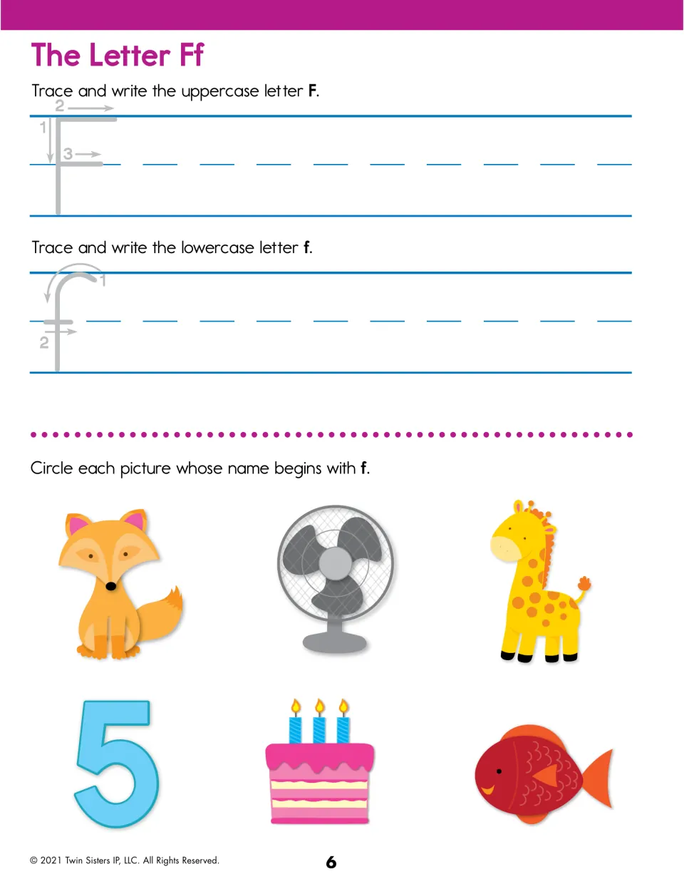 Letter Ff: trace F and f with stroke arrows, then circle f-words among fox, fan, giraffe, number 5, cake and fish