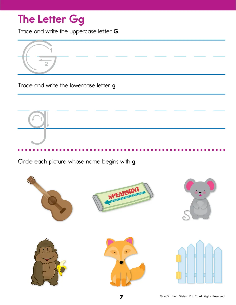 Letter Gg: copy uppercase G and lowercase g, then mark which of guitar, gum, mouse, gorilla, fox and gate start with g