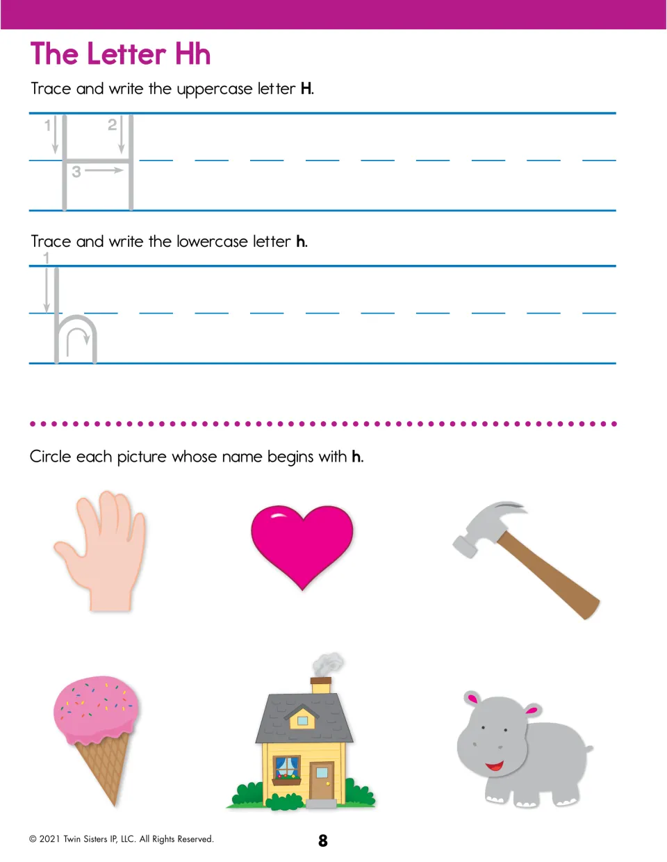 Letter Hh: trace H and h, then circle the h-pictures: hand, heart, hammer, house and hippo, leaving out the ice cream