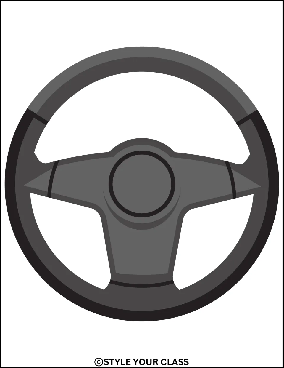 One large gray and black steering wheel accent for the vehicle-themed New Year door or bulletin board display