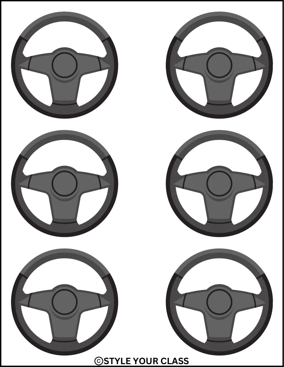 Six matching gray and black steering wheel accents for the vehicle-themed New Year classroom display
