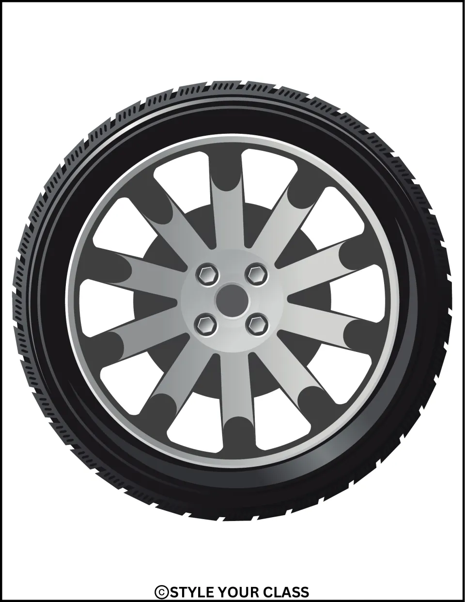 One large black tire with a gray wheel, part of the tire-shaped name tag set for the New Year display