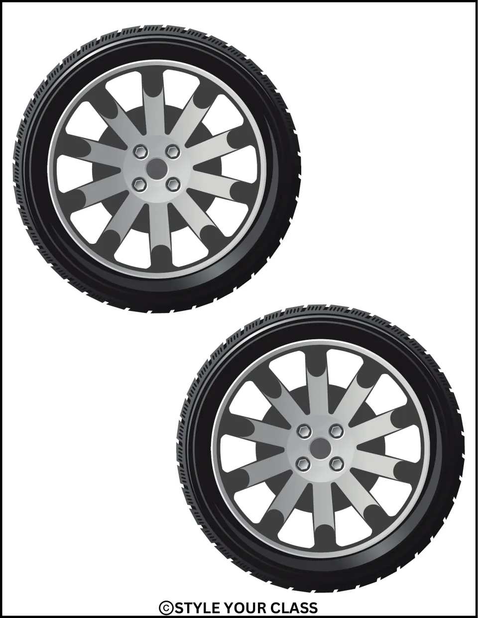 Two black tires with gray wheels, part of the tire-shaped student name tag set for the New Year display