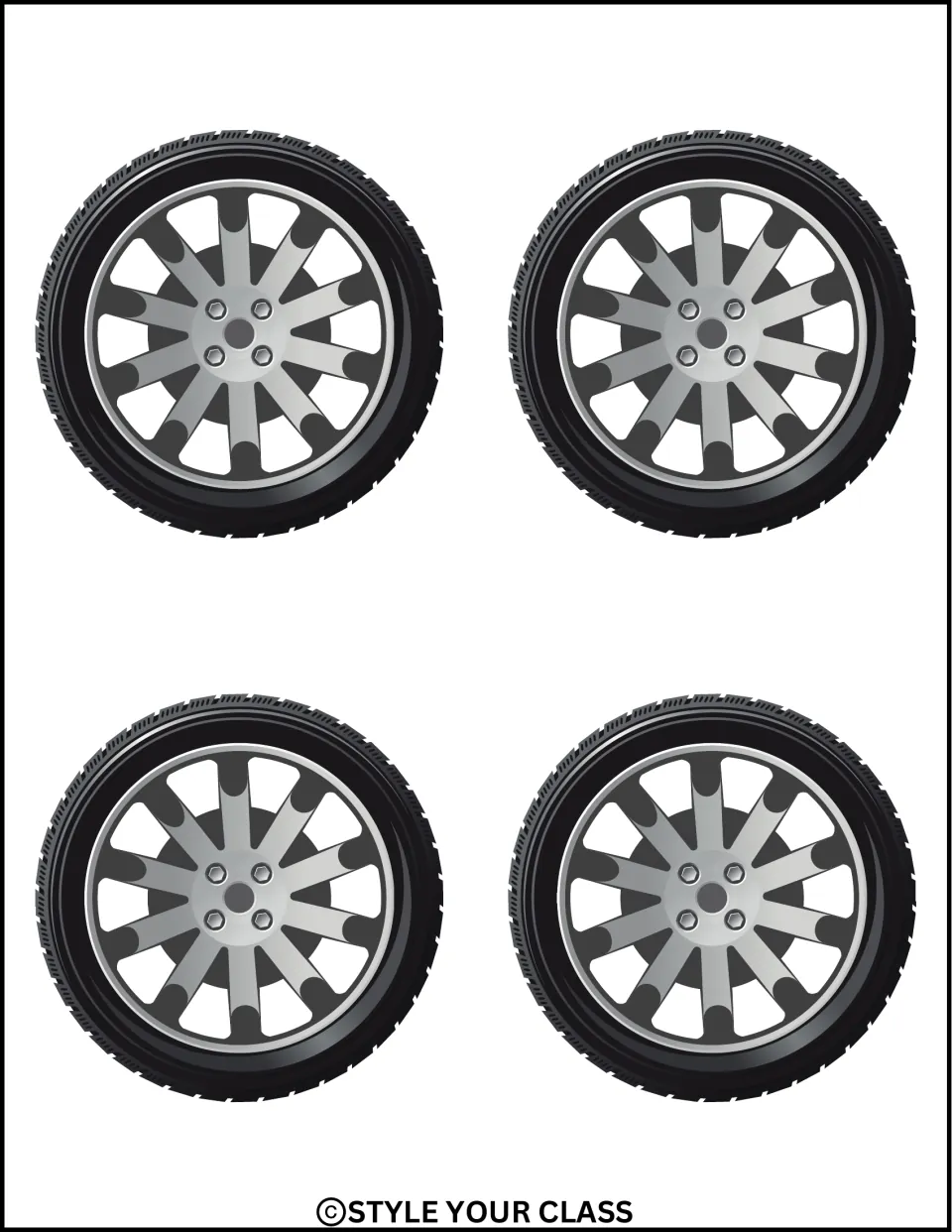 Four black tires with gray wheels, part of the tire-shaped student name tag set for the New Year display