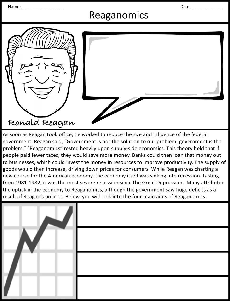 Reaganomics reading on supply-side economics; students add a Reagan quote and write the four main aims in the blank spaces
