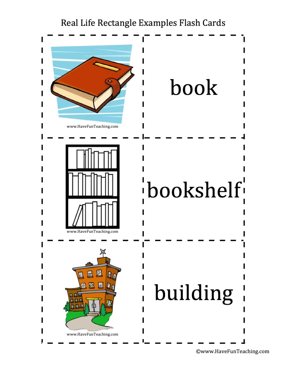 Rectangle shapes in everyday life: picture cards of a book, bookshelf and building with their labels on separate cards