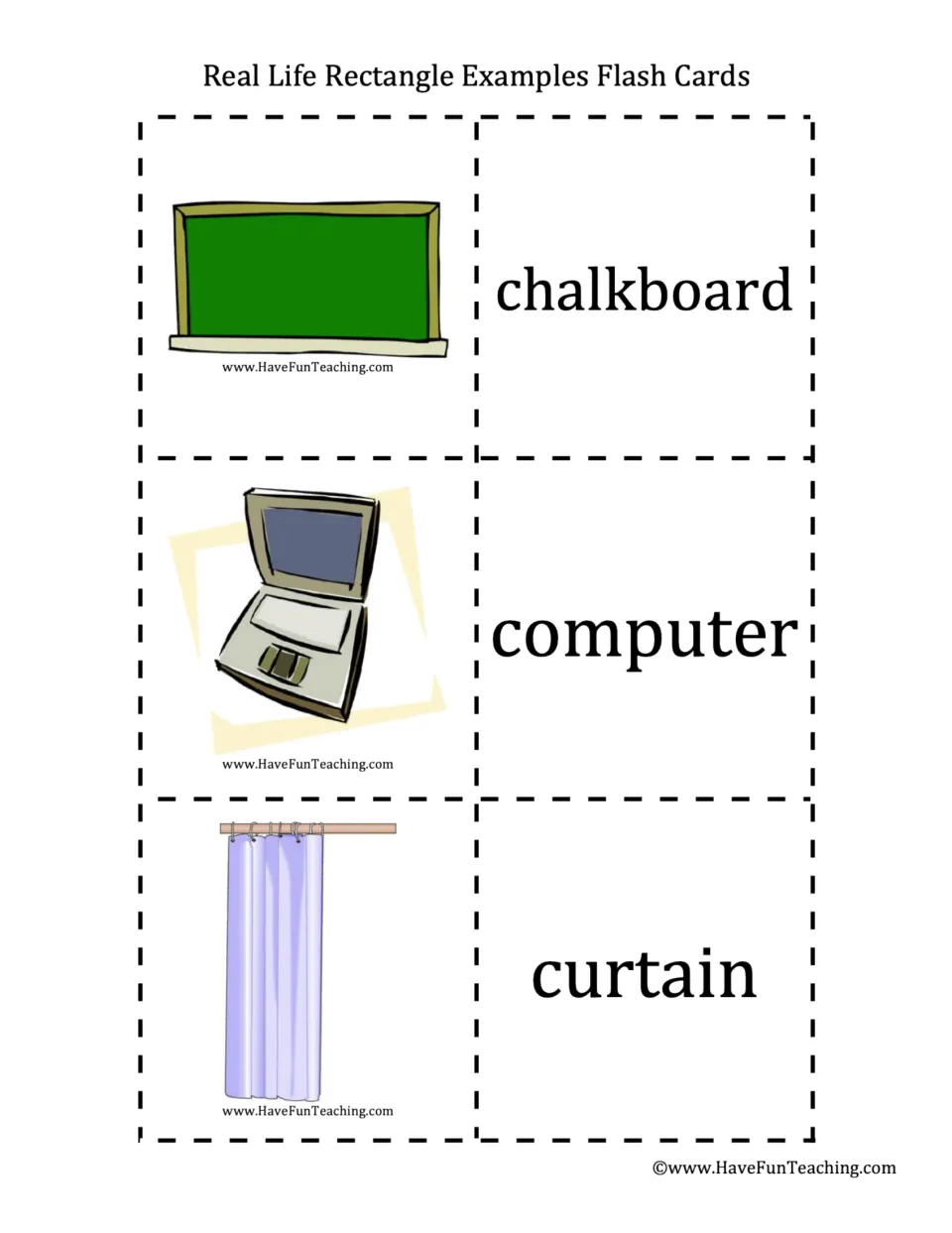 Classroom and home rectangles: students match chalkboard, computer and curtain pictures to their printed word cards