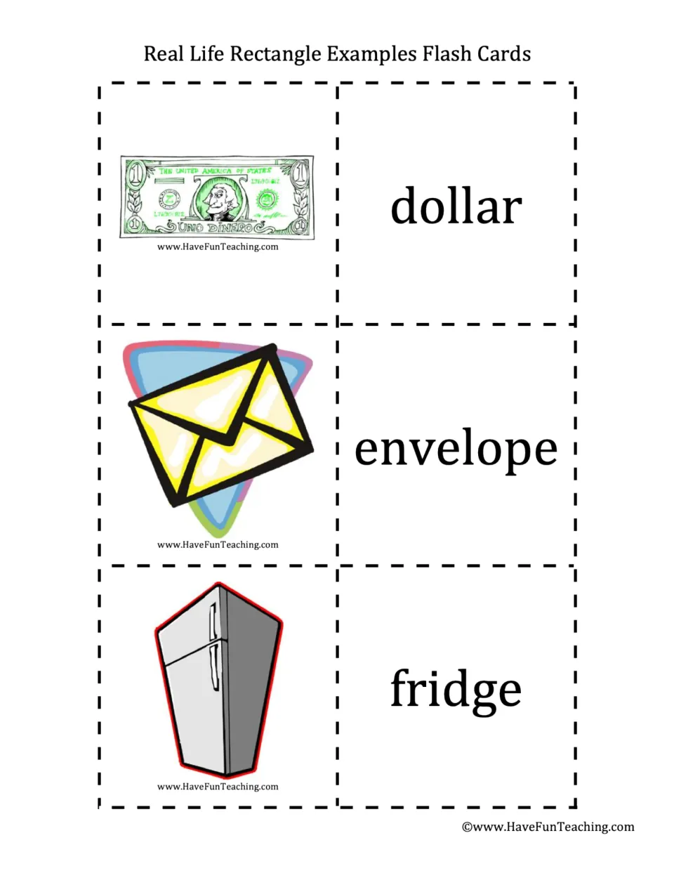 Spotting rectangular objects: a dollar bill, envelope and fridge shown as pictures beside cut-apart vocabulary cards