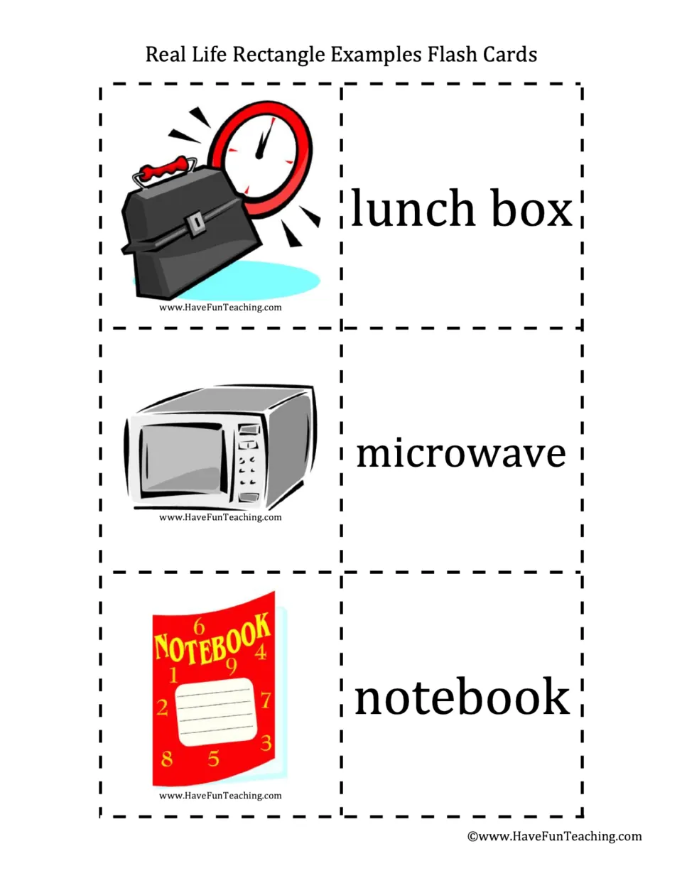 Shape recognition with real objects: lunch box, microwave and notebook pictures, each with a matching word card