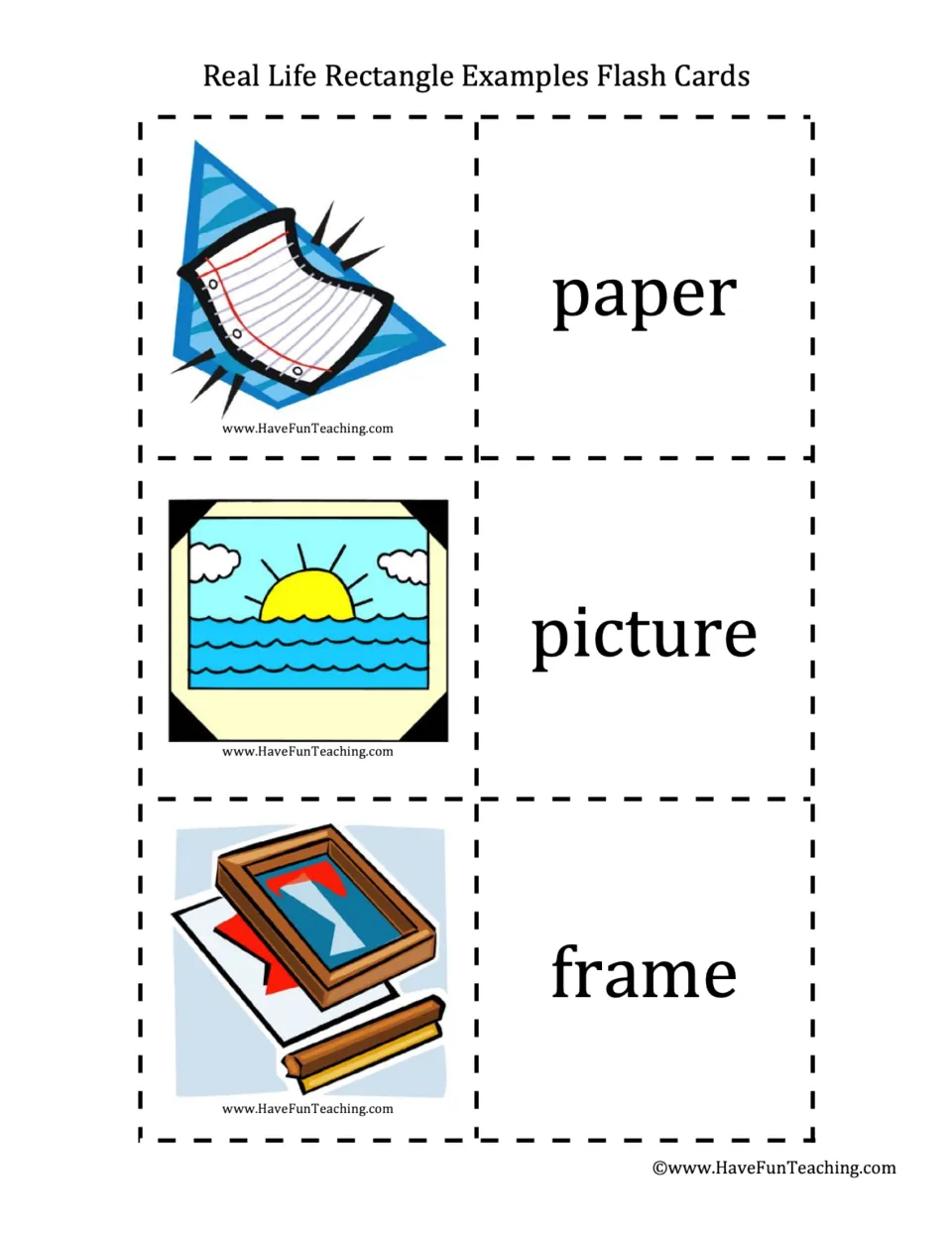 Rectangles around us: paper, a picture and a frame illustrated on cut-out cards to pair each image with its name