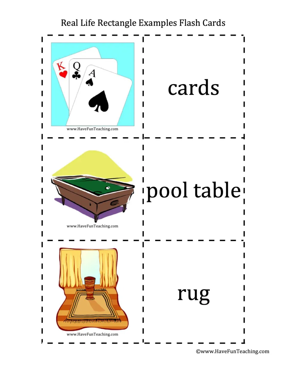 Recreation items with rectangular faces: playing cards, a pool table and a rug, a printed label for each picture