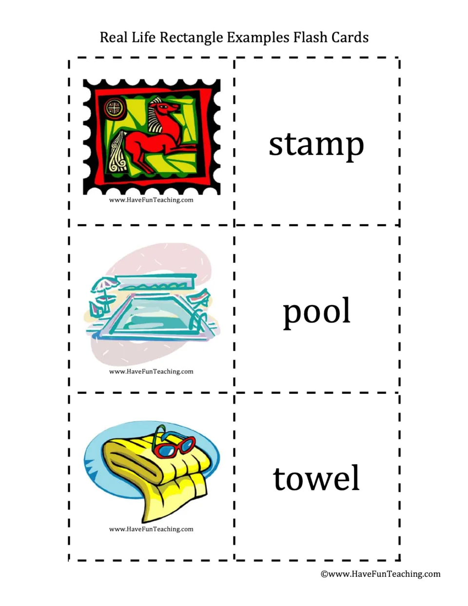 Rectangle hunt: a postage stamp, swimming pool and beach towel picture cards, each with its printed name to cut apart