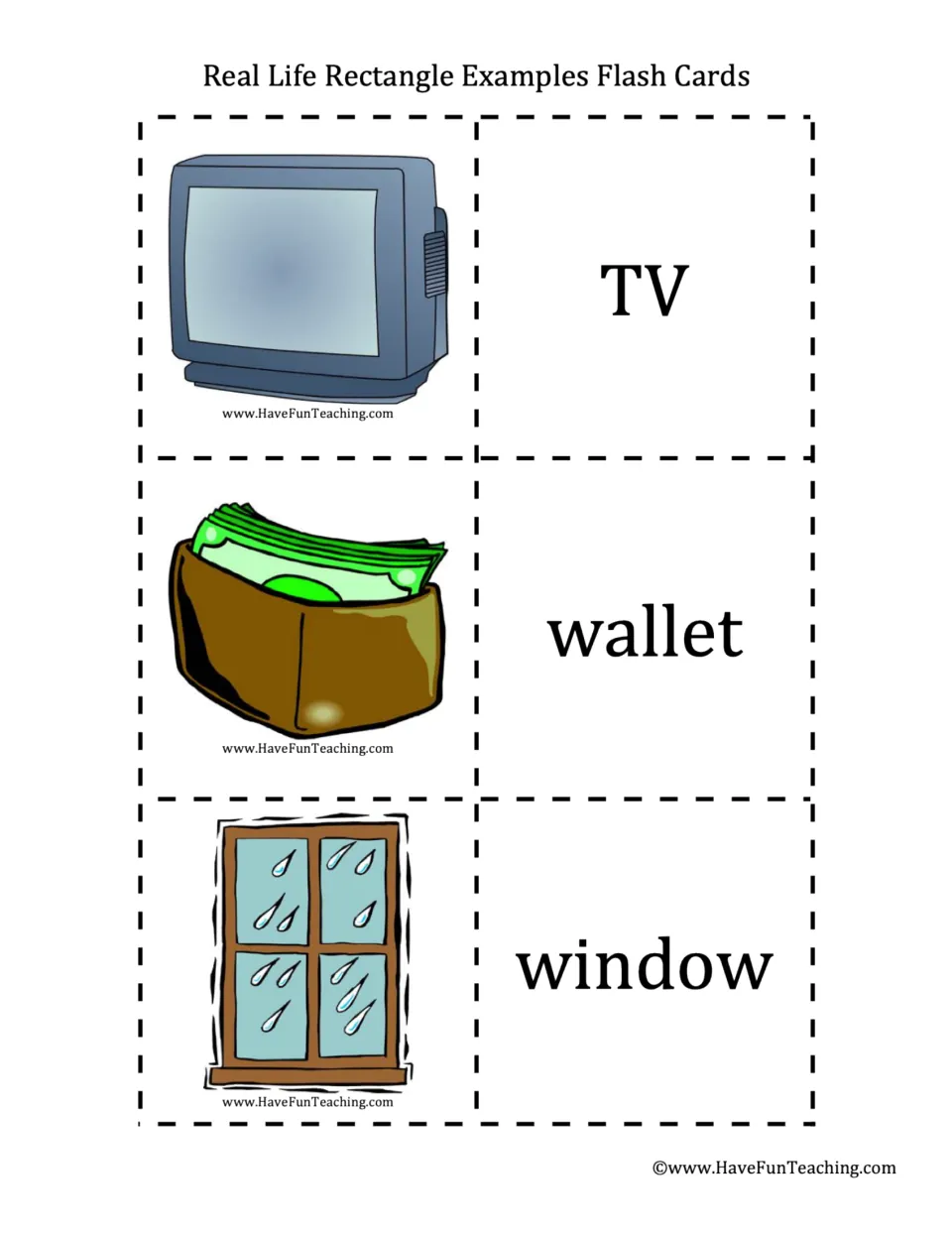Everyday rectangular shapes: a TV screen, a wallet holding bills and a rain-streaked window, each named on its own card