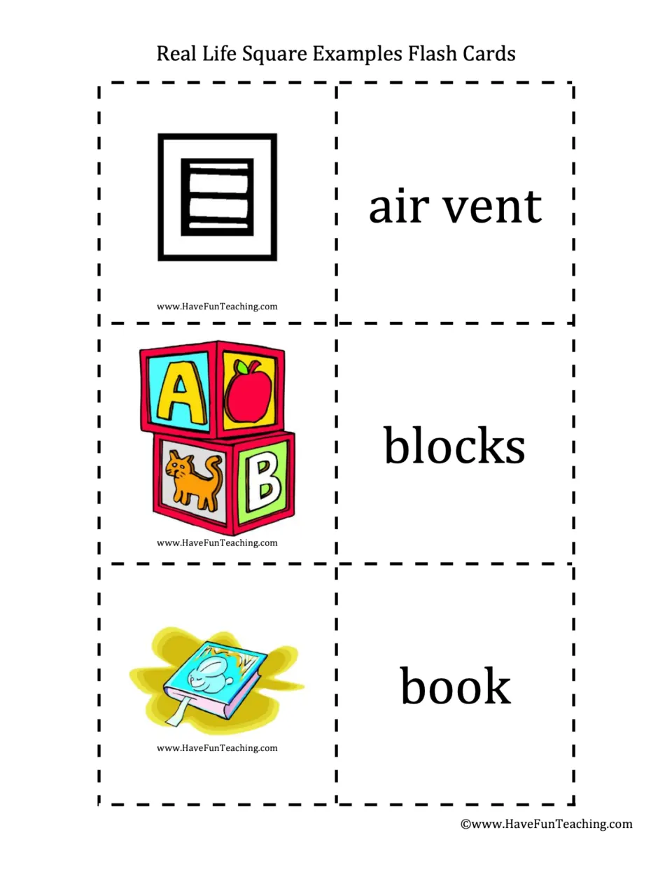Square shapes in everyday objects: picture cards of an air vent, alphabet blocks and a book, each with a word card