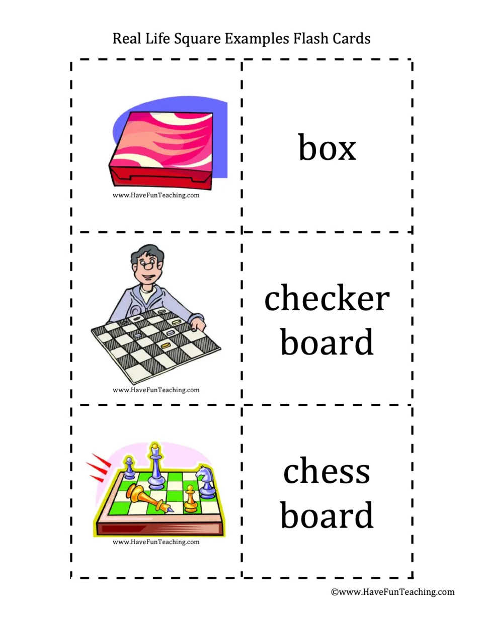 Recognizing squares in real life: match pictures of a box, a checkerboard and a chess board to their word cards