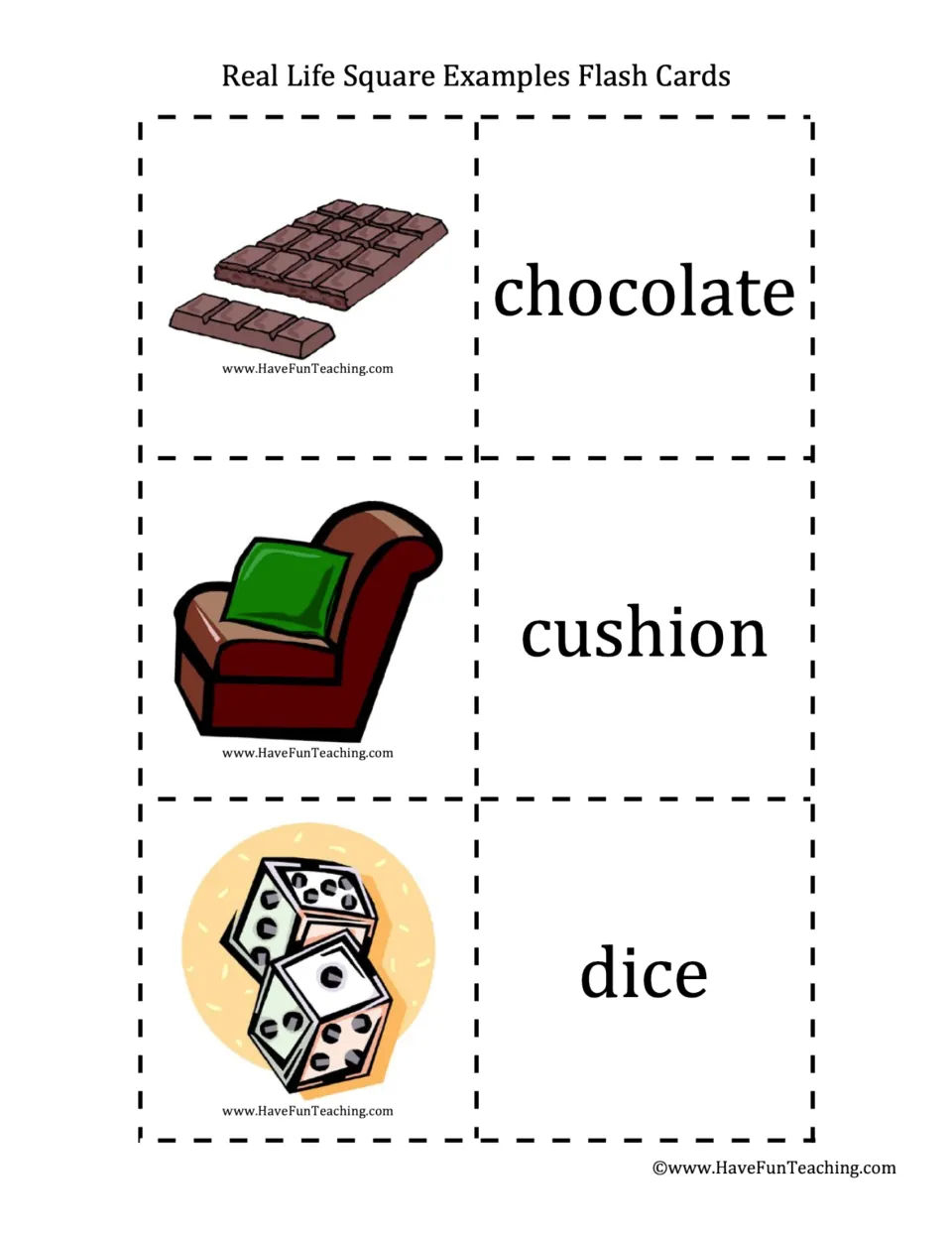 Spotting square shapes in daily items: picture-and-word cards for a chocolate bar, a seat cushion and a pair of dice