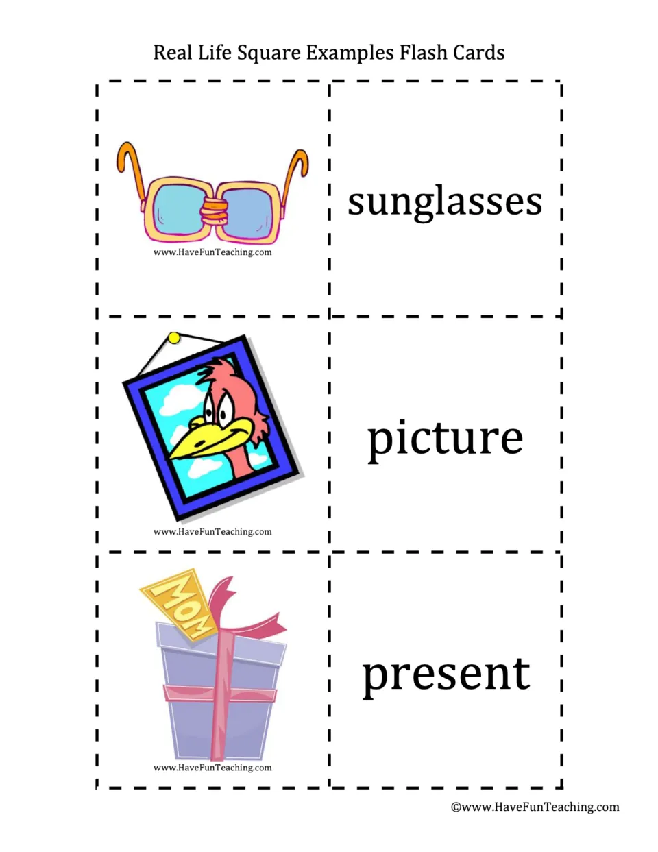 Finding squares around us: cards show square sunglasses, a framed picture and a wrapped present beside each word