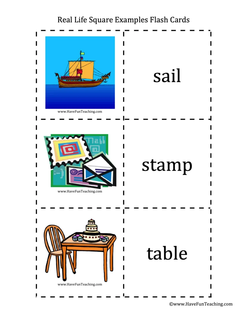 Square objects vocabulary: picture cards of a ship's sail, a postage stamp and a table, each matched to a word card